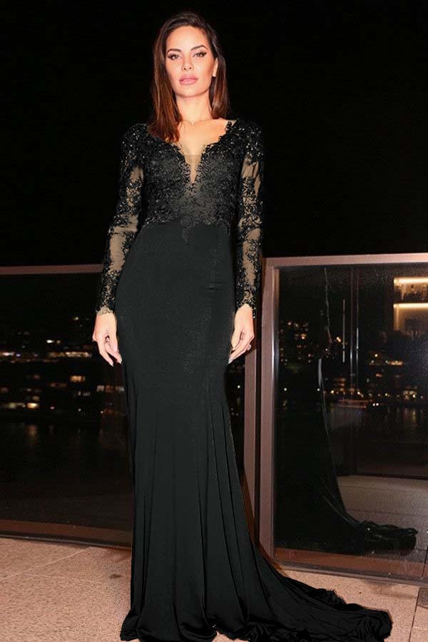 Long Sleeves Long Mermaid Prom Dress With Pleated Appliques