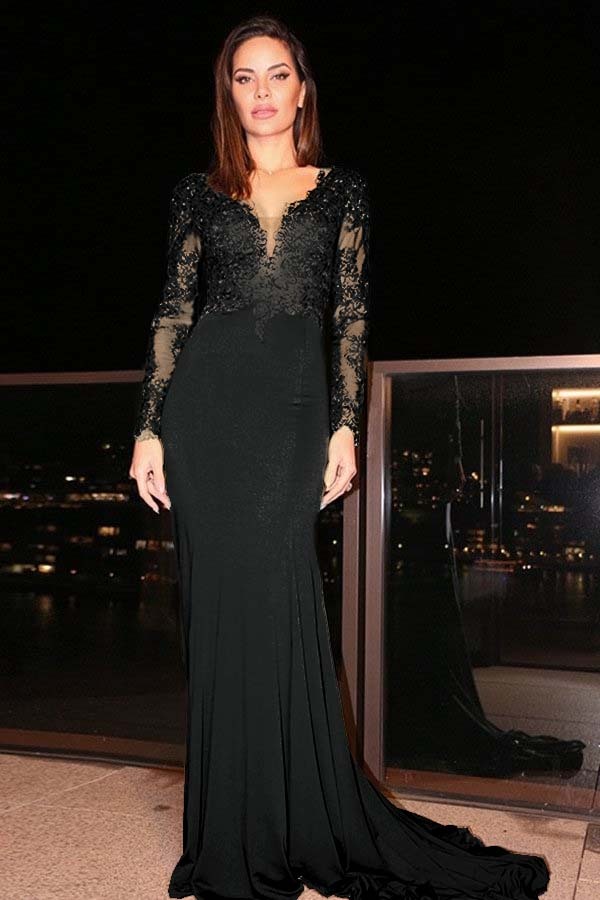 Long Sleeves Long Mermaid Prom Dress With Pleated Appliques