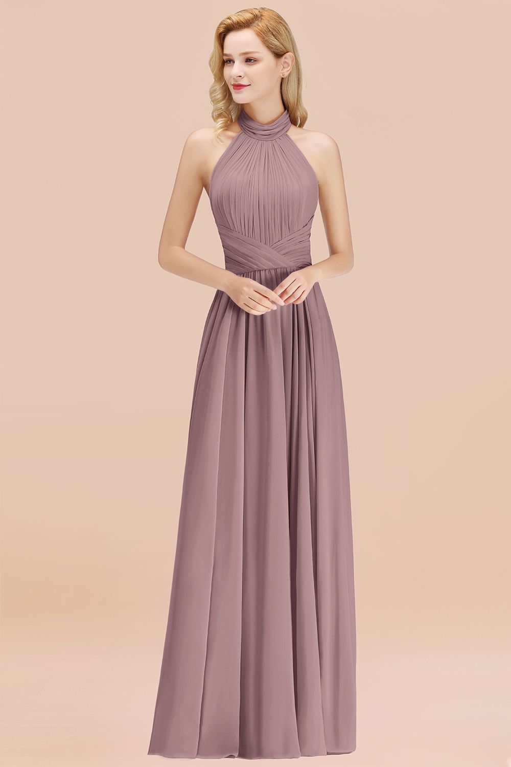 BMbridal Gorgeous High-Neck Halter Backless Bridesmaid Dress Dusty Rose Chiffon Maid of Honor Dress-BMbridal