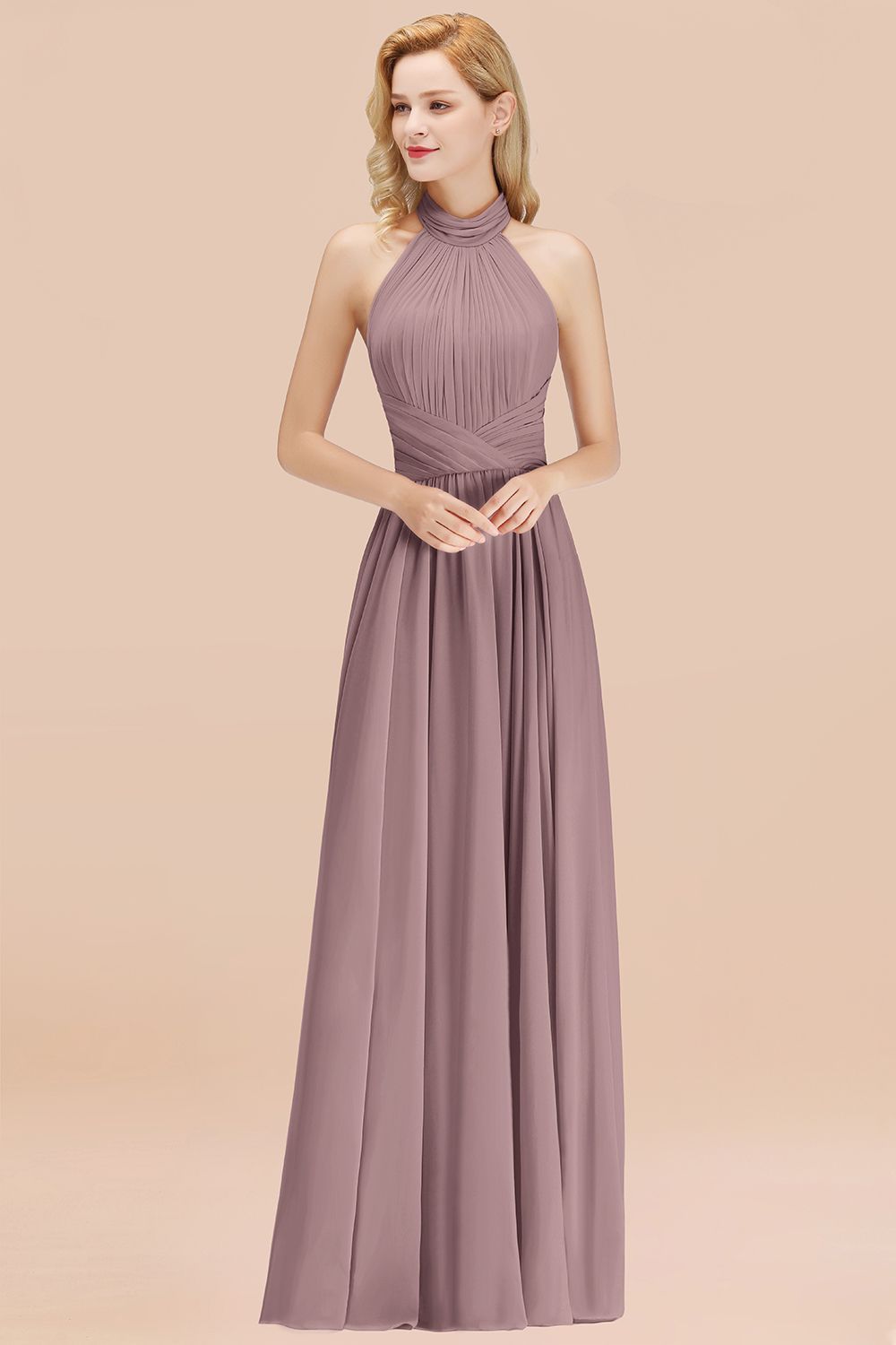 BMbridal Gorgeous High-Neck Halter Backless Bridesmaid Dress Dusty Rose Chiffon Maid of Honor Dress-BMbridal