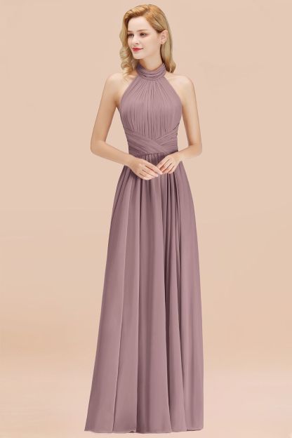 BMbridal Gorgeous High-Neck Halter Backless Bridesmaid Dress Dusty Rose Chiffon Maid of Honor Dress-BMbridal