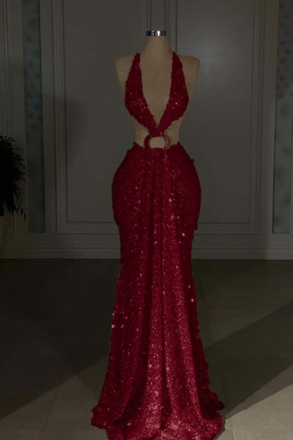 Halter Sleeveless Backless Long Mermaid Prom Dress With Sequins