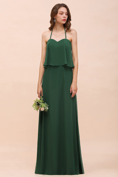 BMbridal Chic Halter Sweetheart Dark Green Chiffon Bridesmaid Dress-BMbridal