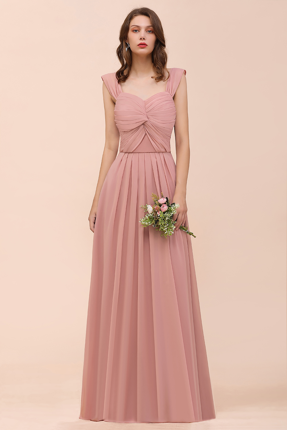 BMbridal Vintage Mauve Chiffon Straps Ruffle Affordable Bridesmaid Dress-BMbridal