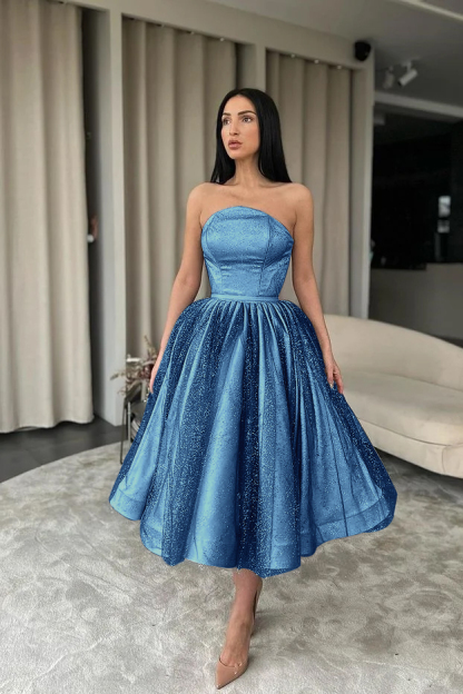 Black Tulle Strapless Sleeveless Tea Length A Line Prom Dress