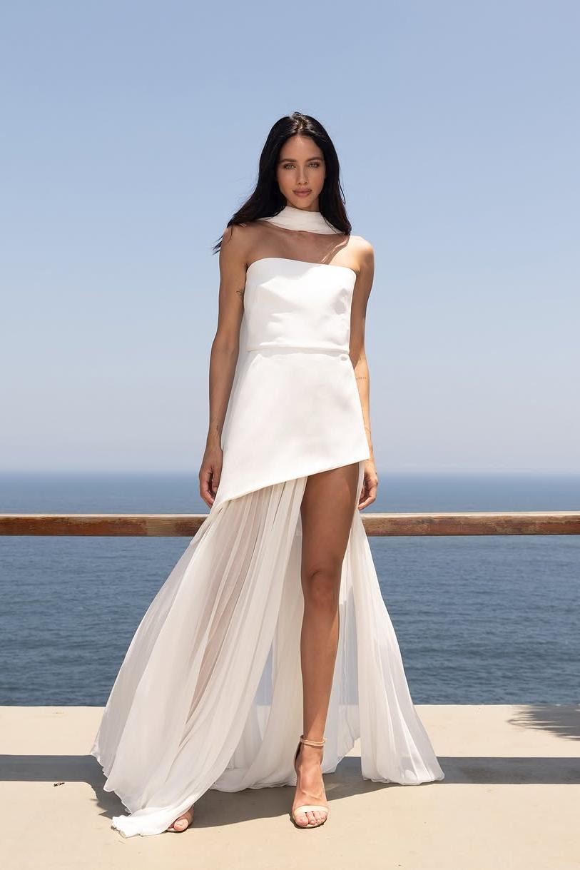 Strapless Sleeveless Split Long Prom Dress With Pleated Tulle