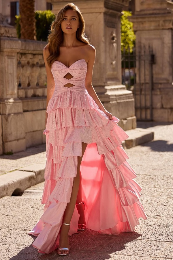 Strapless Sleeveless Long Split Prom Dress With Pleated Beading