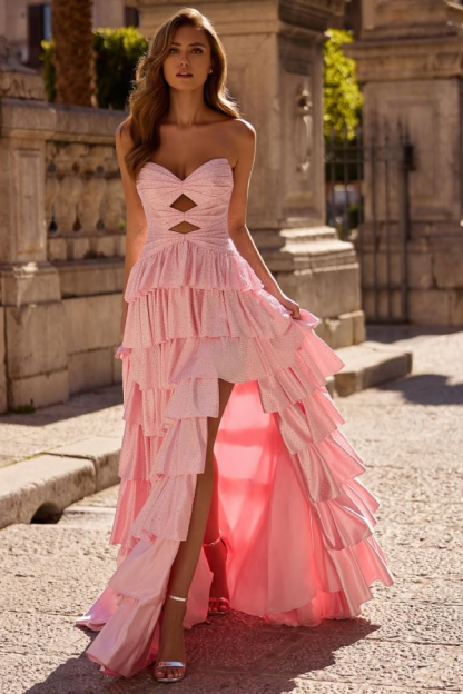 Strapless Sleeveless Long Split Prom Dress With Pleated Beading
