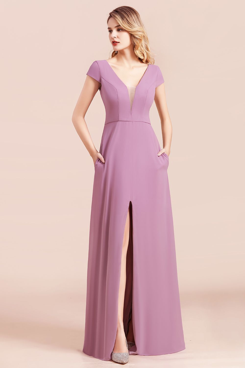 BMbridal Chic V-Neck Chiffon Wisteria Bridesmaid Dresses with Short Sleeves-BMbridal