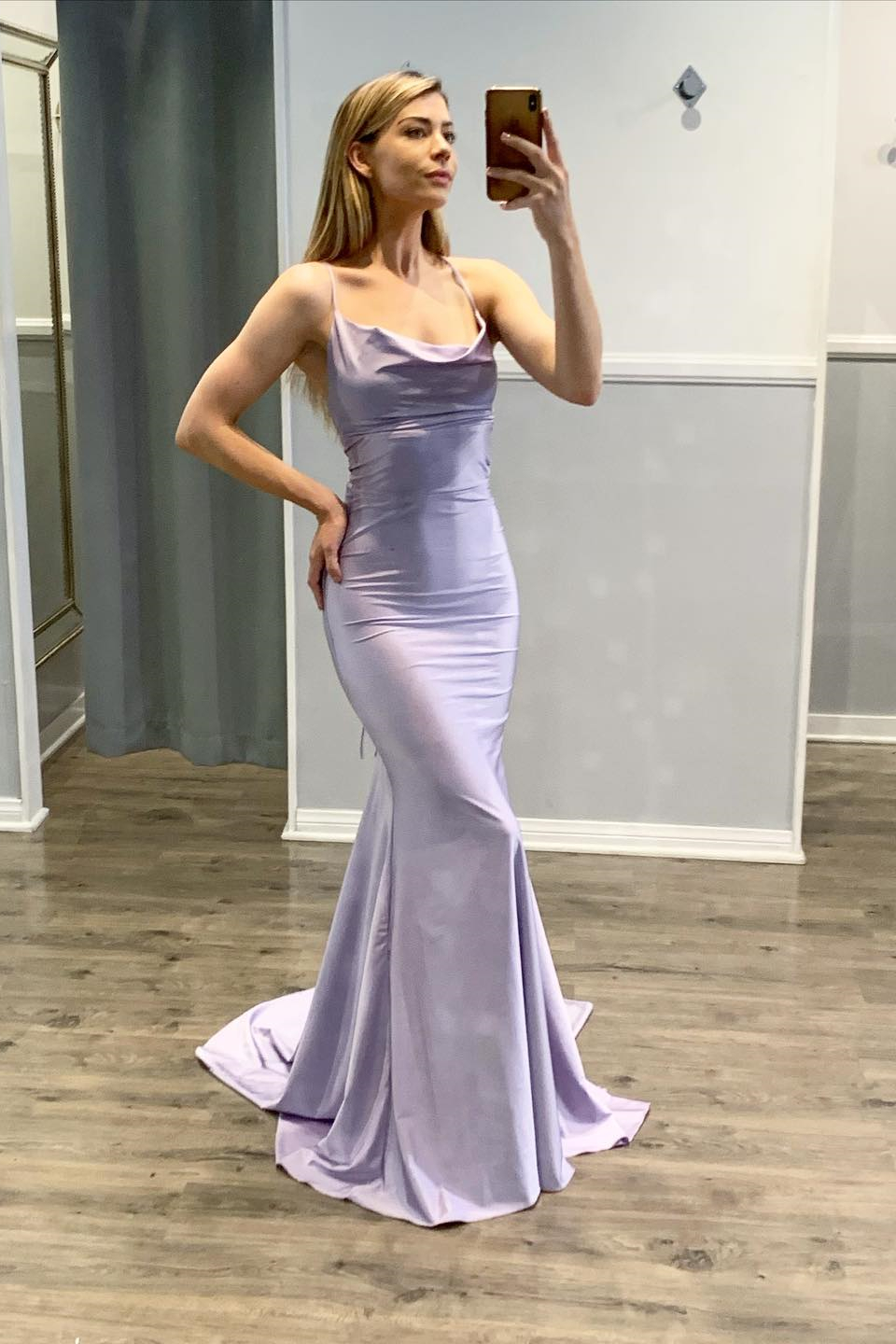 Mermaid Spaghetti Strap Sleeveless Light Purple Prom Dress With Pleated