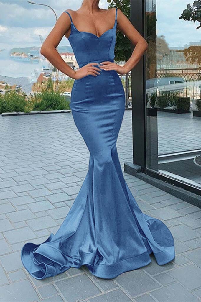 Chic Black Spaghetti Strap Sleeveless Long Mermaid Prom Dress With Pleated