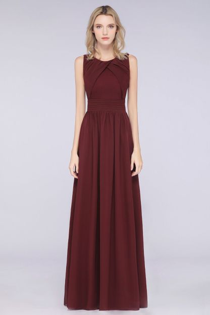 BMbridal Modest Round-Neck Sleeveless Burgundy Bridesmaid Dresses with Ruffles-BMbridal