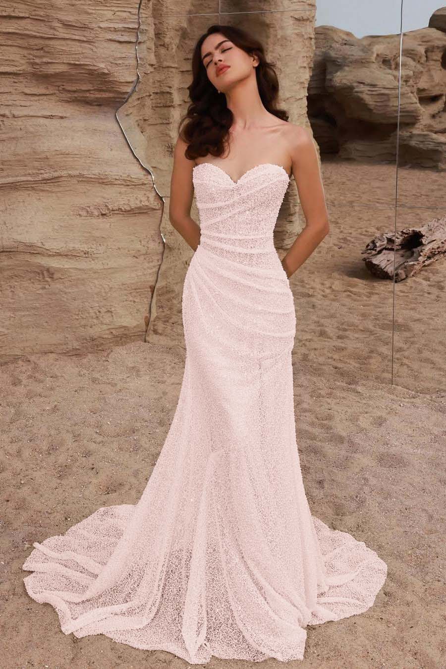 Strapless Sleeveless Long Mermaid Prom Dress With Pleated Sequins