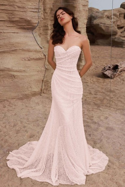 Strapless Sleeveless Long Mermaid Prom Dress With Pleated Sequins