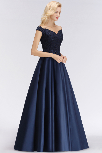 BMbridal Elegant Off-the-Shoulder Ruffle Navy Lace Bridesmaid Dresses with Beads-BMbridal