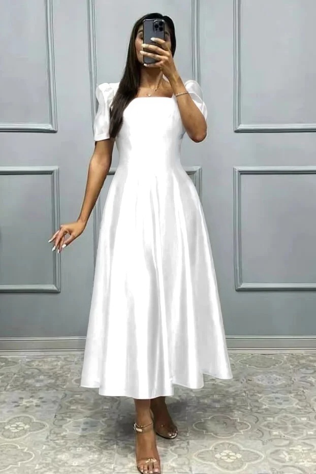 Elegant Square A Line High Waist Pleated Prom Dress With Short Sleeves