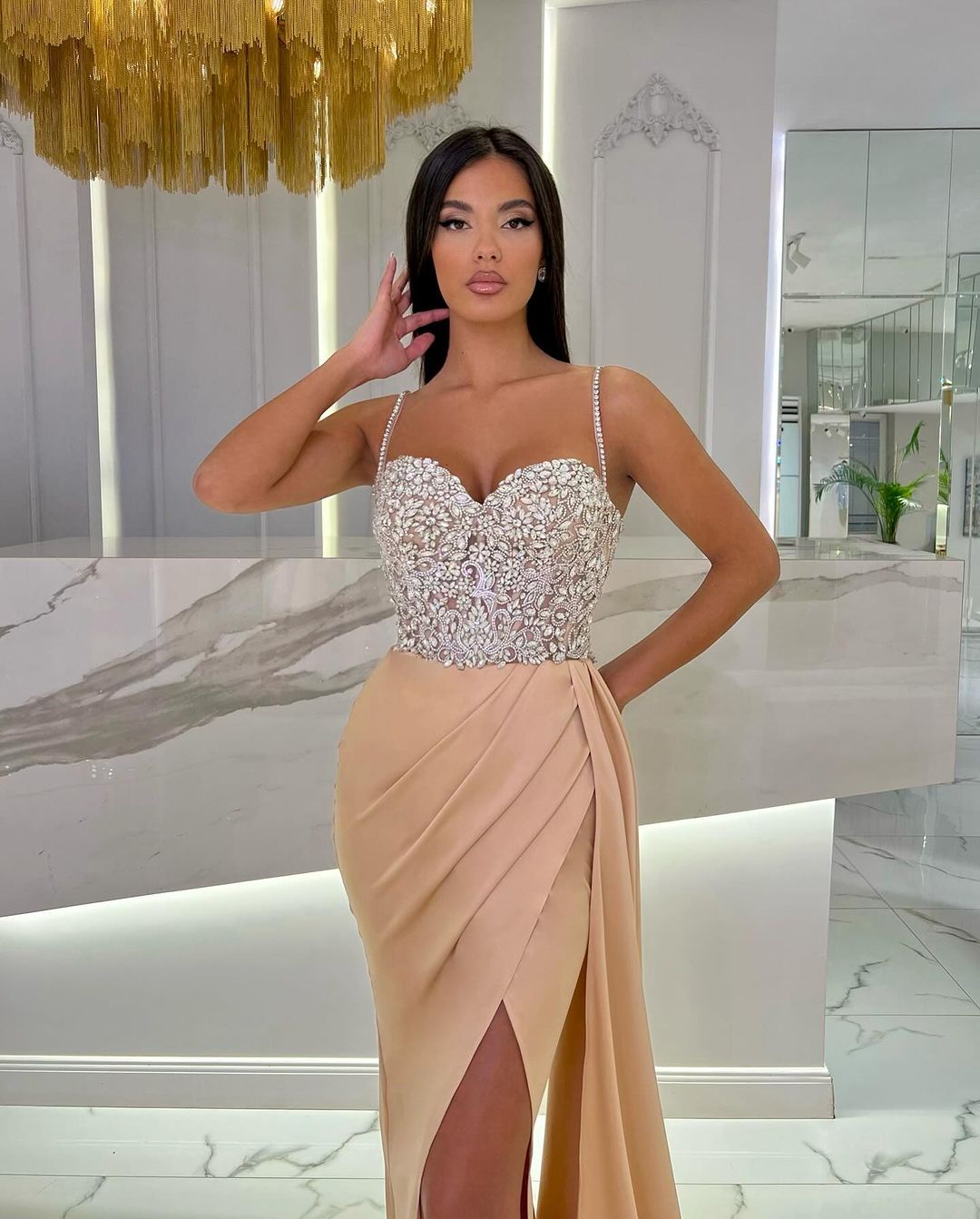 Prom Dress Baby Blue With High Slit Spaghetti Strap Sweetheart Appliques