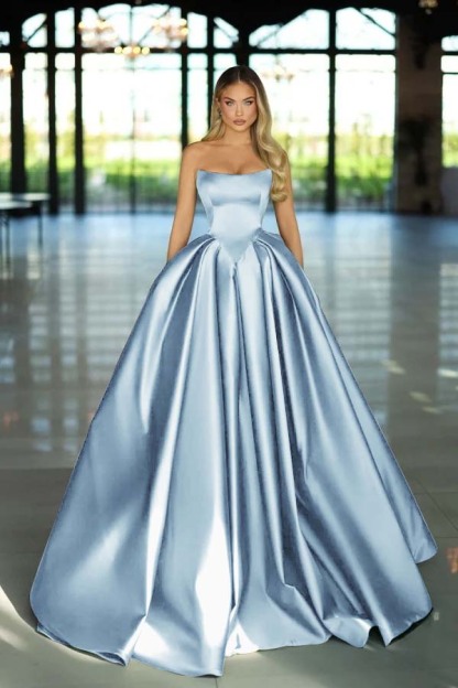 Strapless Sleeveless Long A Line Prom Dress With Pockets Pleated