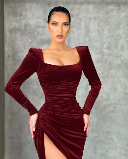 Mermaid Burgundy Long Sleeves Square Neck Prom Dress With High Split