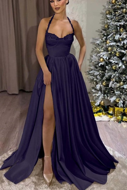 Black Halter Sweetheart Sleeveless Long Prom Dress With Split