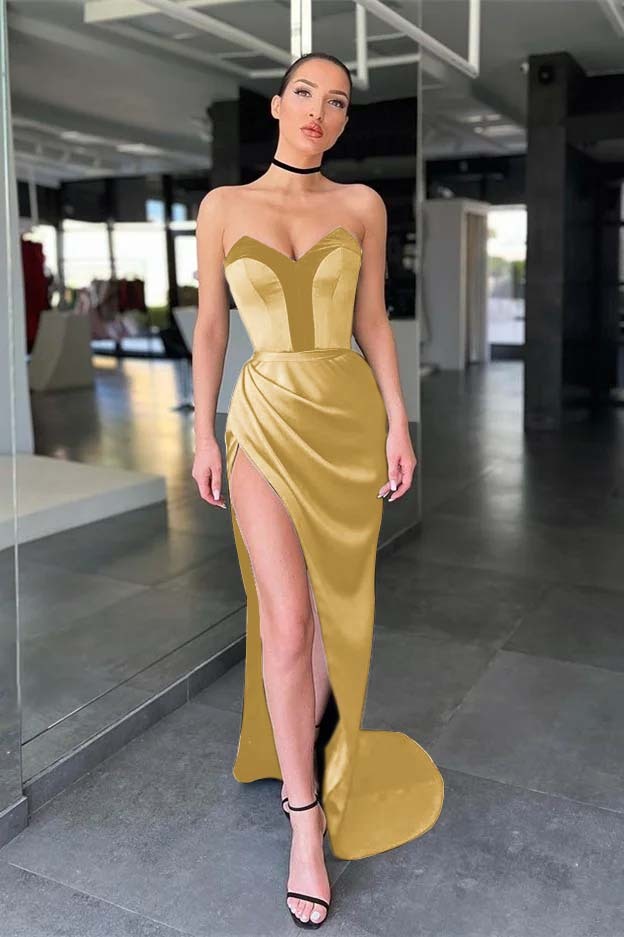 Strapless Sleeveless Long Mermaid Prom Dress With Split Pleated