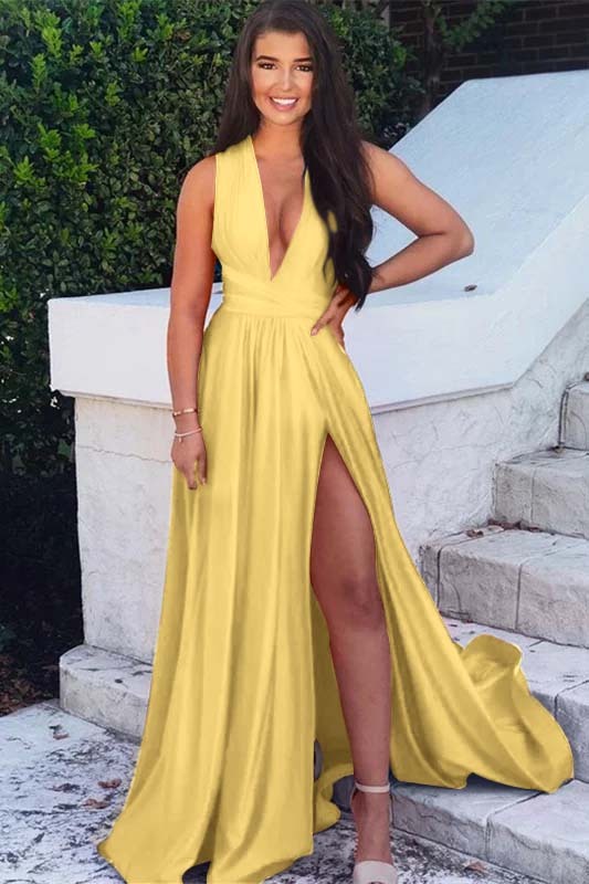 Sleeveless Fuchsia Deep V Neck Backless A Line Long Prom Dress With Split