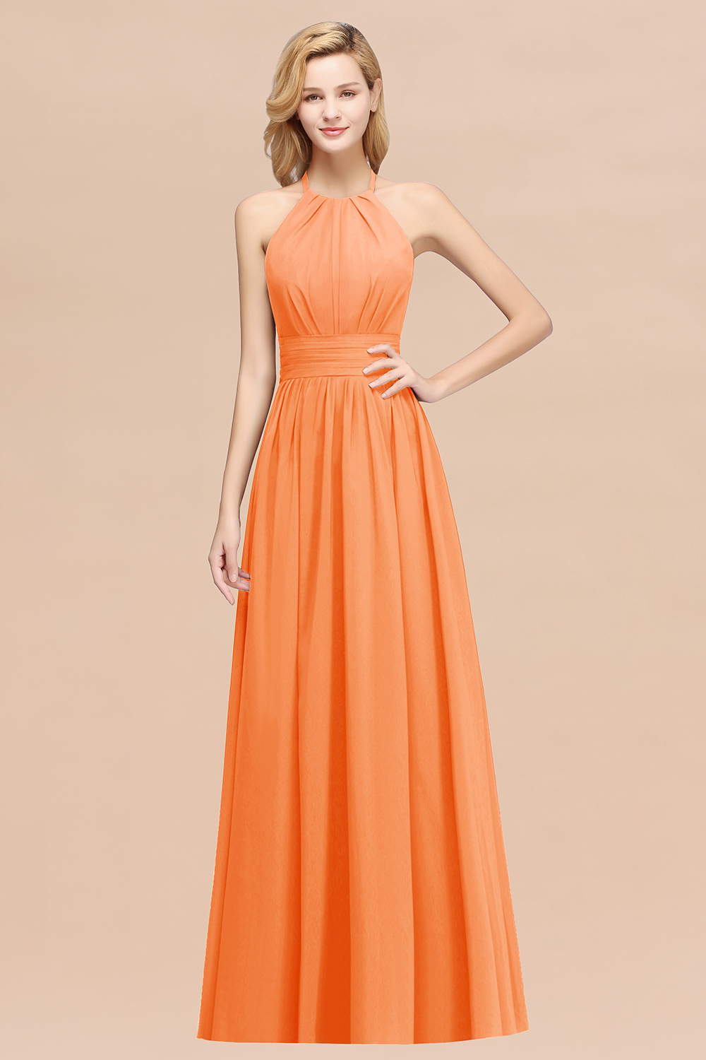 BMbridal Elegant High-Neck Halter Long Affordable Bridesmaid Dresses with Ruffles-BMbridal