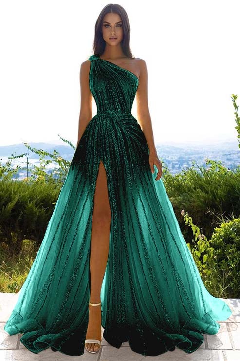 Tulle Sequins One Shoulder A Line Long Prom Dress Daffodil With Front Split