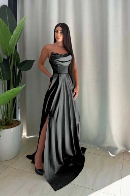 Strapless Sleeveless Long Split Prom Dress With Pleated Sequin