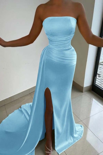 Yellow Strapless Sleeveless Ruffles Prom Dress Court With Split