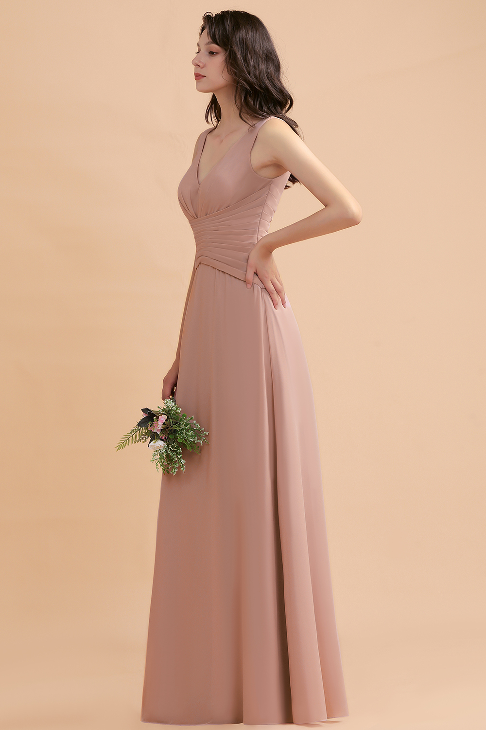 BMbridal V-Neck Dusty Rose Chiffon Bridesmaid Dress with Ruffles-BMbridal