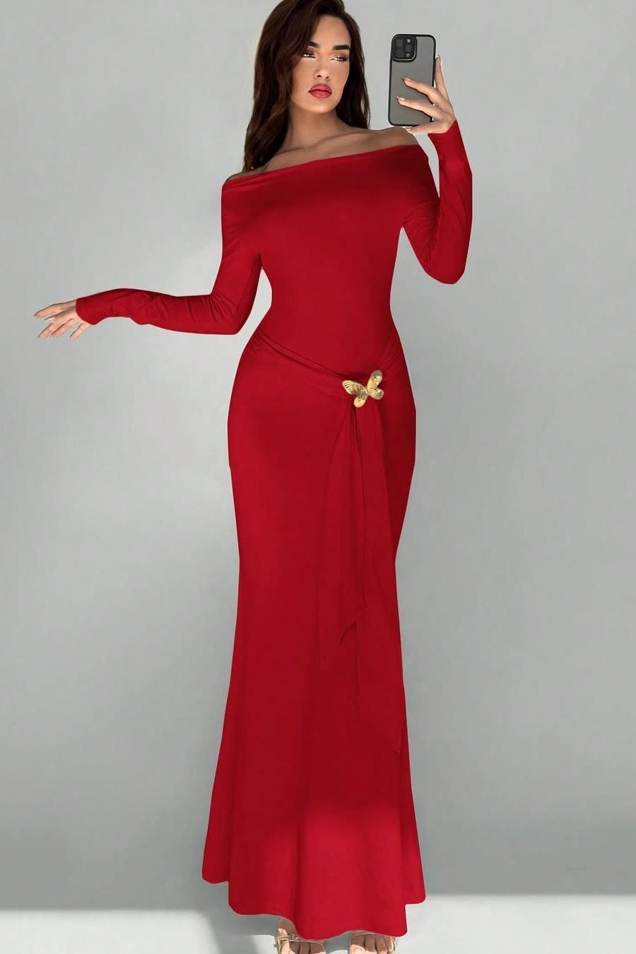 Off the Shoulder Long Sleeves Long Mermaid Prom Dress With Appliques