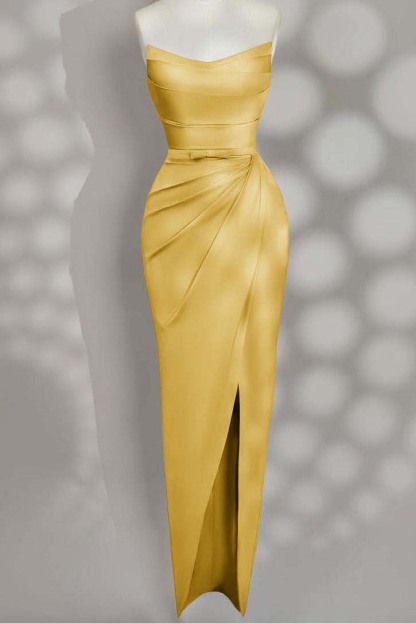 Strapless Sleeveless Long Split Prom Dress With Pleated Bowknot