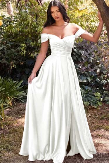 Off the Shoulder Sleeveless Long Prom Dress With Split Pleated
