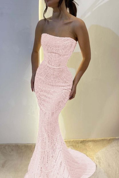 Chic Strapless Sleeveless Long Mermaid Prom Dress With Sequins