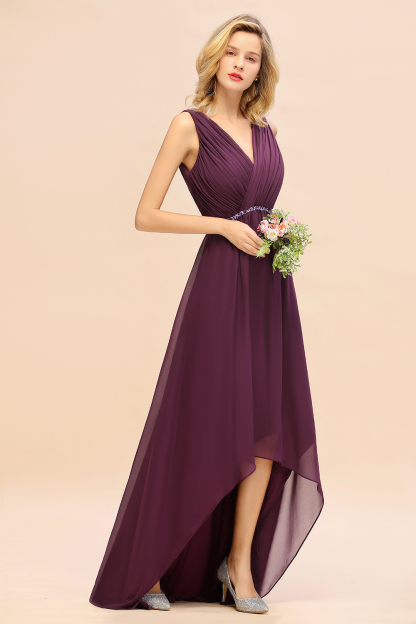 BMbridal Chic Hi-Lo V Neck Ruffle Bridesmaid Dress with Beading Sash-BMbridal