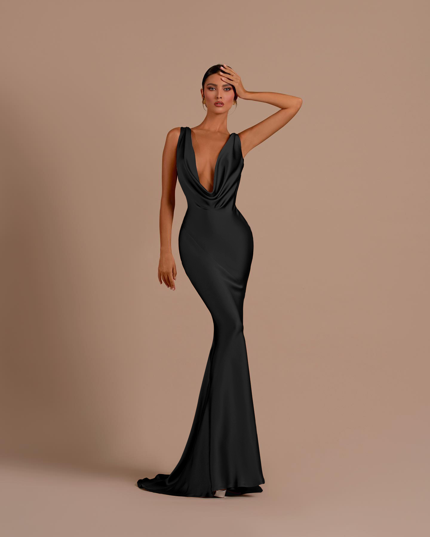Black Deep V Neck Sleeveless Mermaid Long Prom Dress With Pleated