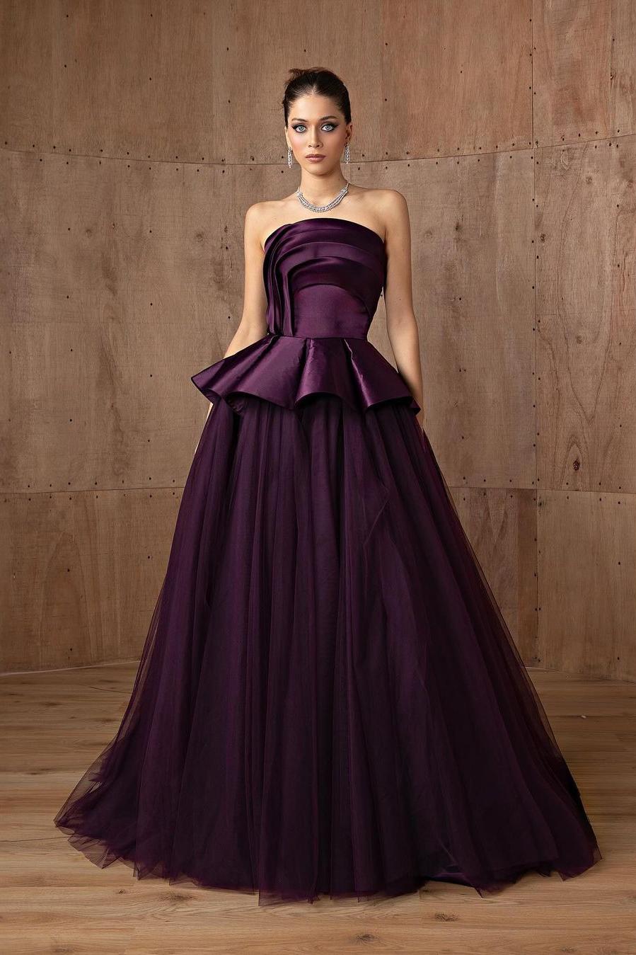 Tulle Strapless Sleeveless A Line Long Prom Dress With Ruffles