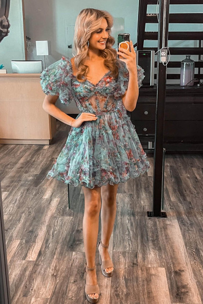 Purple Floral Off the Shoulder A-Line Short Homecoming Dress