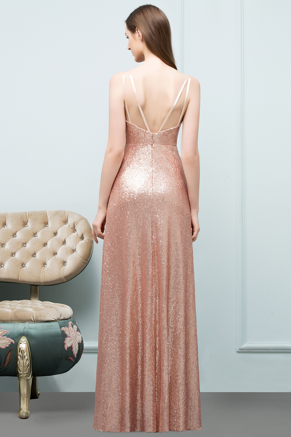 BMbridal Affordable Pink Sequined Long Bridesmaid Dress With Scoop-BMbridal