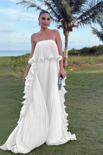 Charming Strapless Sleeveless Long Prom Dress With Pleated Ruffle