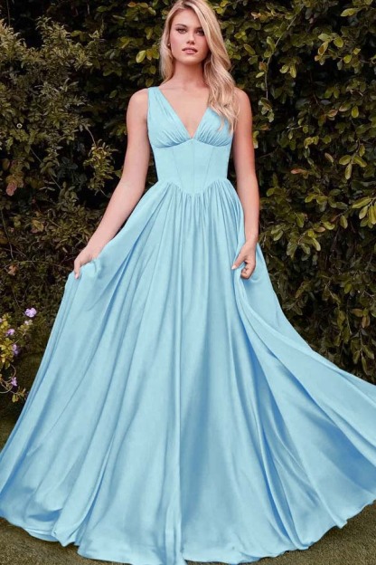 Straps V Neck Sleeveless Long A Line Prom Dress With Pleated