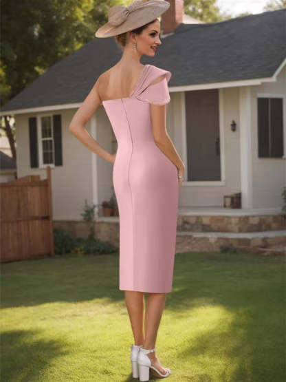 Satin One-Shoulder Knee-Length Mother of the Bride Dress with Beading