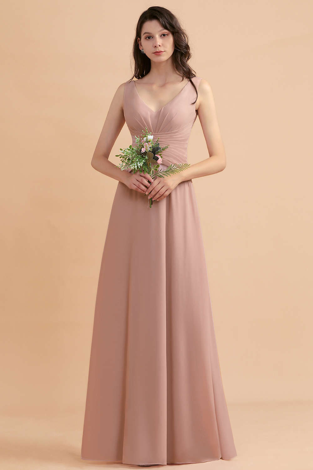 BMbridal V-Neck Dusty Rose Chiffon Bridesmaid Dress with Ruffles-BMbridal