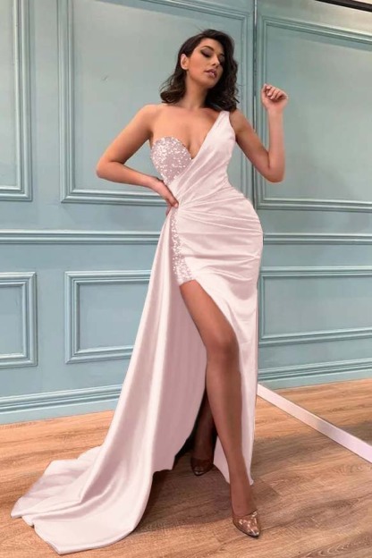 High Split One Shoulder Sleeveless Pleated Long Red Prom Dress With Sequins