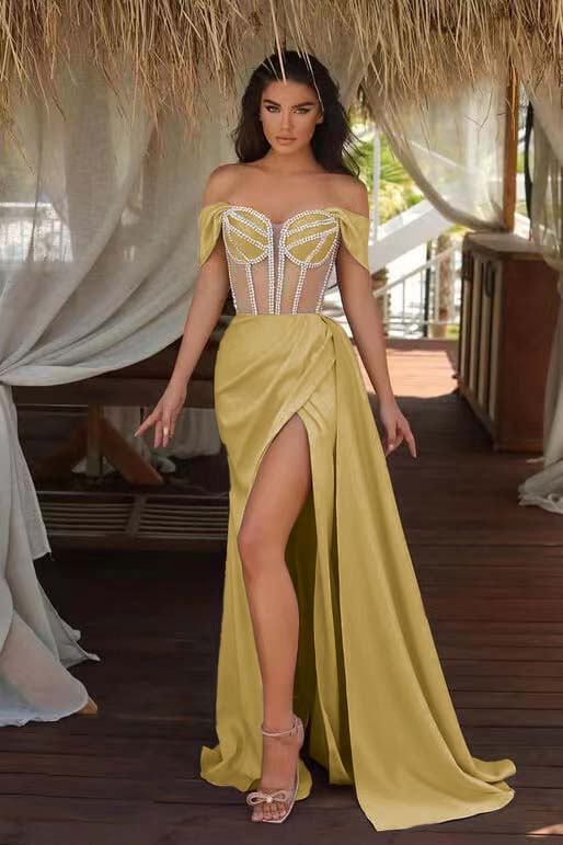 Champagne Ruffles Mermaid Prom Dress Beadings Split With Off the Shoulder
