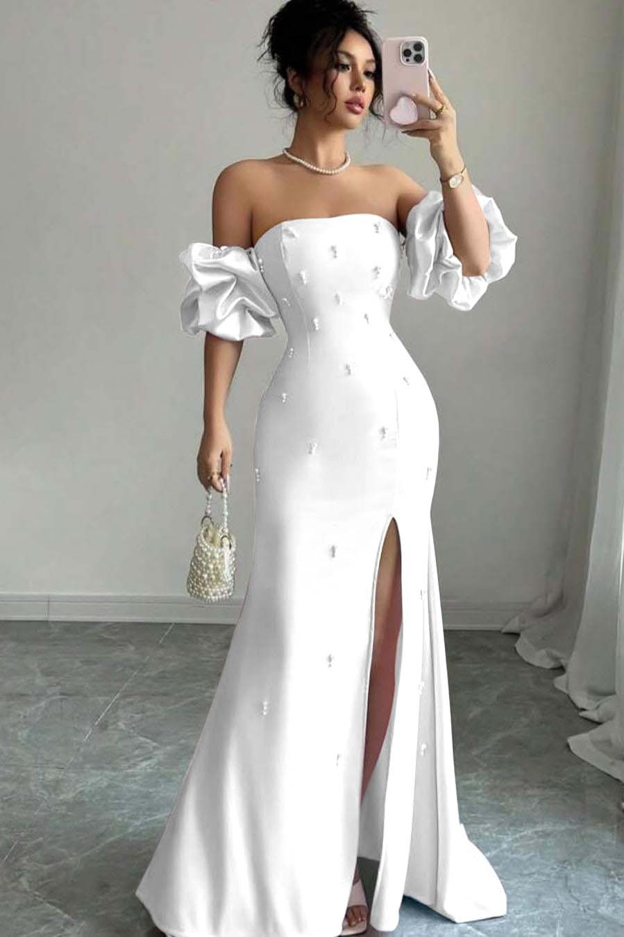 Strapless Bubble Sleeves Long Split Prom Dress With Beading