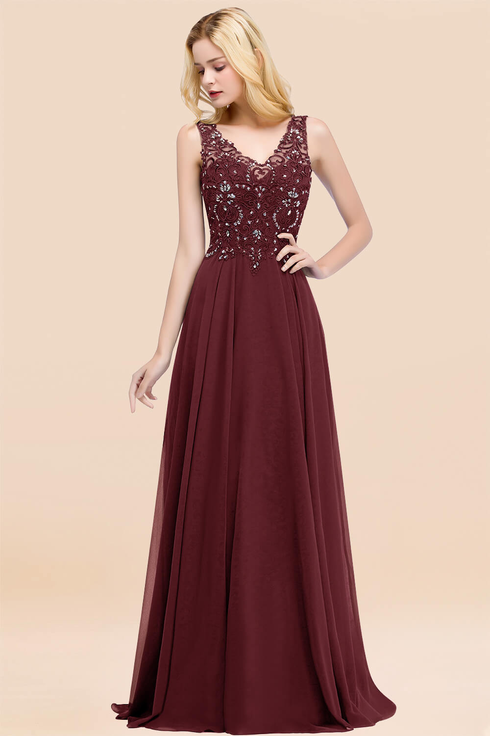 BMbridal Affordable Lace V-Neck Navy Bridesmaid Dresses With Appliques-BMbridal