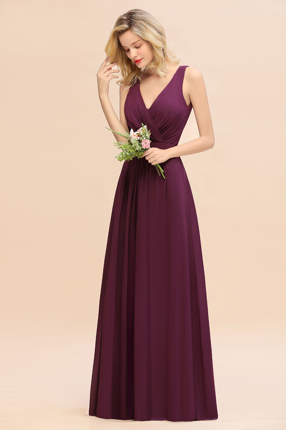 BMbridal Affordable V-Neck Ruffle Long Grape Chiffon Bridesmaid Dress with Bow-BMbridal