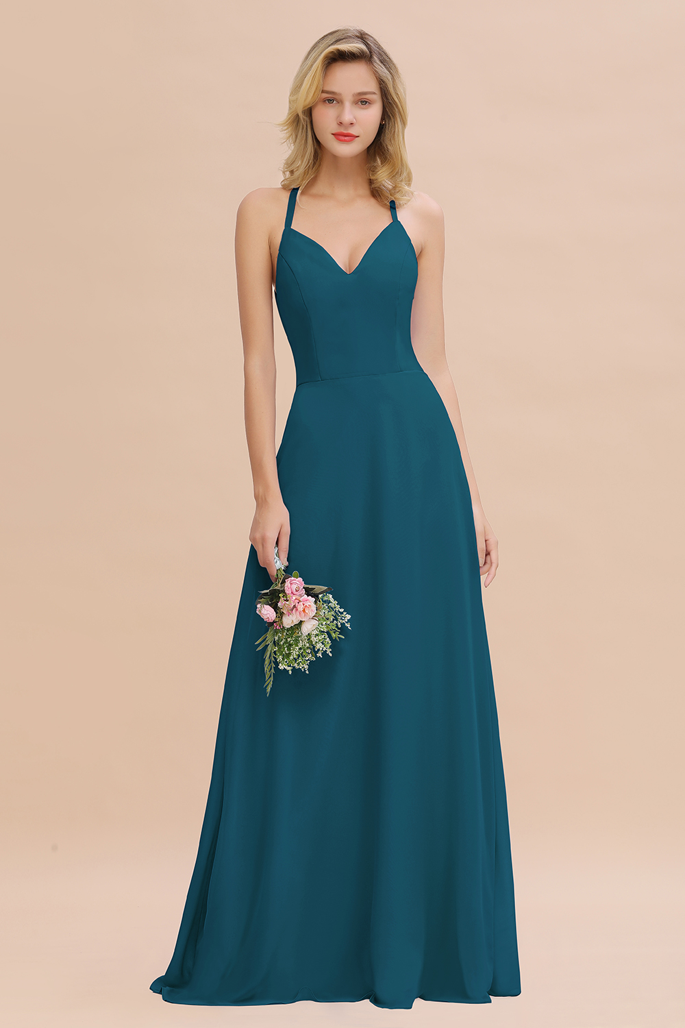 BMbridal Modest Halter V-Neck Sleeveless Long Bridesmaid Dresses Online-BMbridal